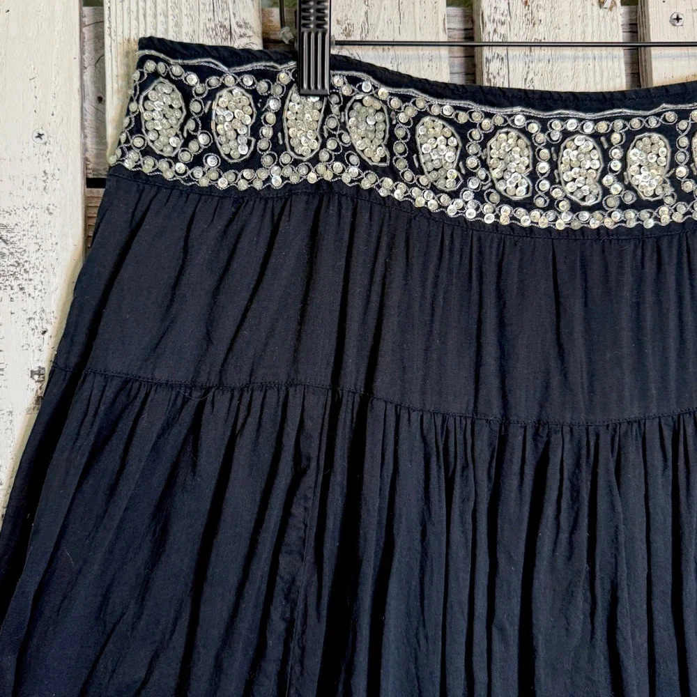 VTG‎ Kaktus Boho Black Midi Broom Skirt size XL Sequin Beaded Hippie Festival